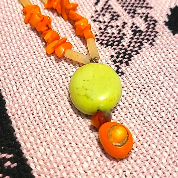 Vintage Lime Green Howlite and Orange Natural Stone Beaded Necklace - Picture 4 of 6